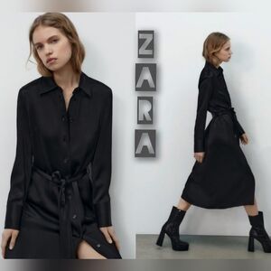 Zara NWT Satin Shirt Effect Midi Dress Size Medium Color Black